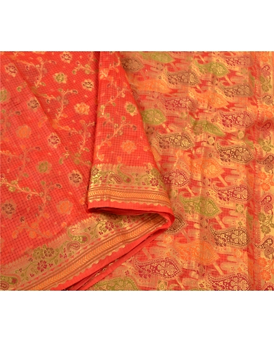 Sanskriti Vintage Orange Indian Sarees 100% Pure Silk Woven Premium Sari Fabric, PS-60258-Orange-Woven Work-Pure Silk-10