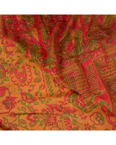 Sanskriti Vintage Brown Indian Sarees Pure Silk Hand Beaded Sari Craft Fabric, PS-60261-Brown-Printed Work-100% Pure Silk-3