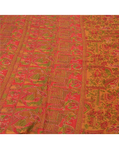 Sanskriti Vintage Brown Indian Sarees Pure Silk Hand Beaded Sari Craft Fabric, PS-60261-Brown-Printed Work-100% Pure Silk-4