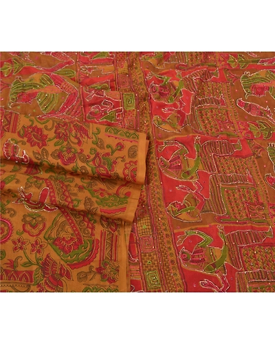 Sanskriti Vintage Brown Indian Sarees Pure Silk Hand Beaded Sari Craft Fabric, PS-60261-Brown-Printed Work-100% Pure Silk-8