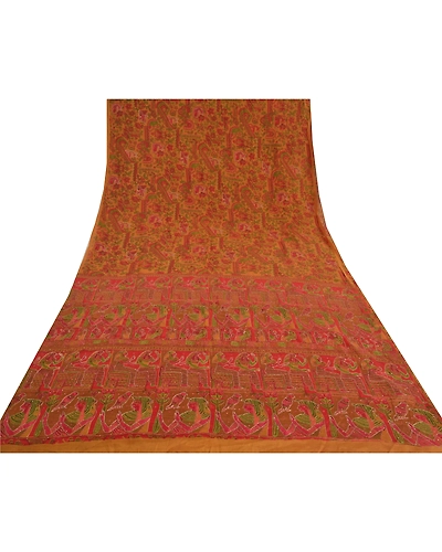 Sanskriti Vintage Brown Indian Sarees Pure Silk Hand Beaded Sari Craft Fabric, PS-60261-Brown-Printed Work-100% Pure Silk-9