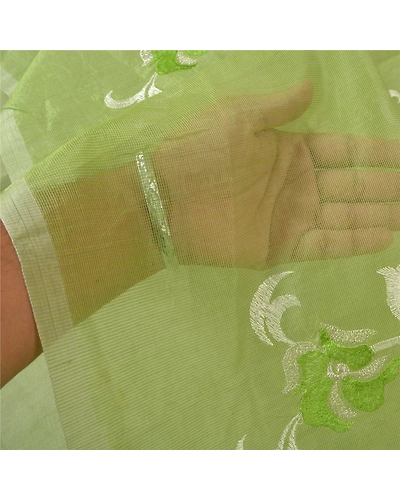 Sanskriti Vintage Green Sarees 100% Pure Silk Embroidered Kota Doria Sari Fabric, PS-60264-Green-Thread Work-100% Pure Silk-5