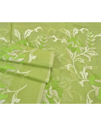 Sanskriti Vintage Green Sarees 100% Pure Silk Embroidered Kota Doria Sari Fabric, PS-60264-Green-Thread Work-100% Pure Silk-8