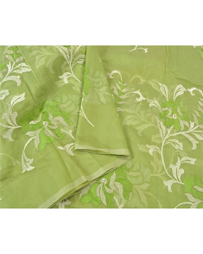 Sanskriti Vintage Green Sarees 100% Pure Silk Embroidered Kota Doria Sari Fabric, PS-60264-Green-Thread Work-100% Pure Silk-10