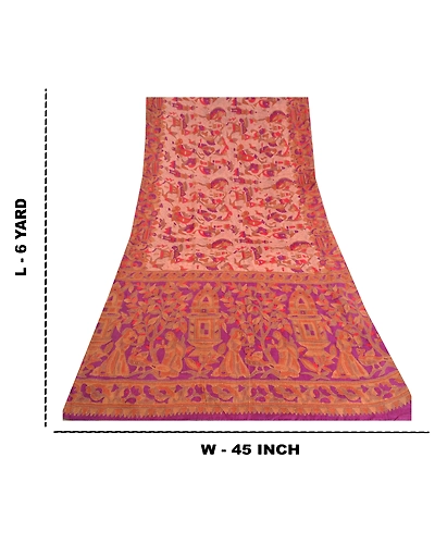 Sanskriti Vintage Pink Sarees Pure Silk Hand Embroidered Kantha Sari Fabric, PS-60277-Pink &amp; Purple-Thread Work-100% Pure Silk-1