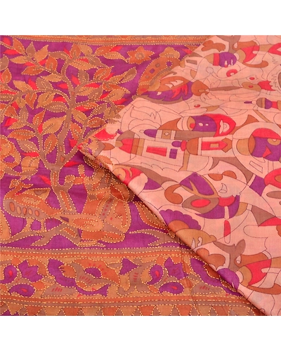 Sanskriti Vintage Pink Sarees Pure Silk Hand Embroidered Kantha Sari Fabric, PS-60277-Pink &amp; Purple-Thread Work-100% Pure Silk-2