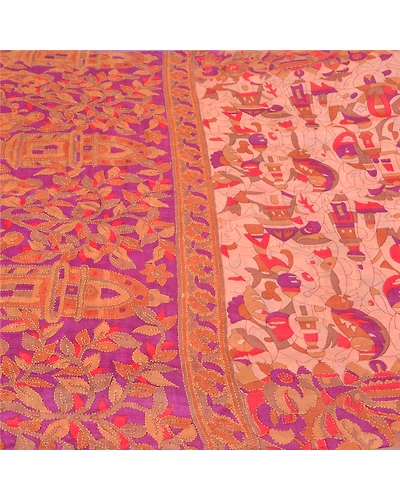 Sanskriti Vintage Pink Sarees Pure Silk Hand Embroidered Kantha Sari Fabric, PS-60277-Pink &amp; Purple-Thread Work-100% Pure Silk-4