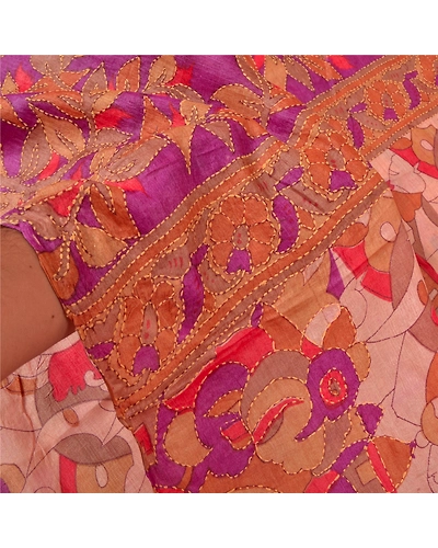 Sanskriti Vintage Pink Sarees Pure Silk Hand Embroidered Kantha Sari Fabric, PS-60277-Pink &amp; Purple-Thread Work-100% Pure Silk-5