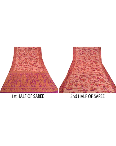 Sanskriti Vintage Pink Sarees Pure Silk Hand Embroidered Kantha Sari Fabric, PS-60277-Pink &amp; Purple-Thread Work-100% Pure Silk-6