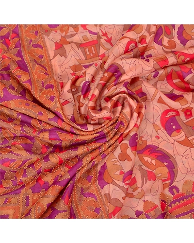 Sanskriti Vintage Pink Sarees Pure Silk Hand Embroidered Kantha Sari Fabric, PS-60277-Pink &amp; Purple-Thread Work-100% Pure Silk-7