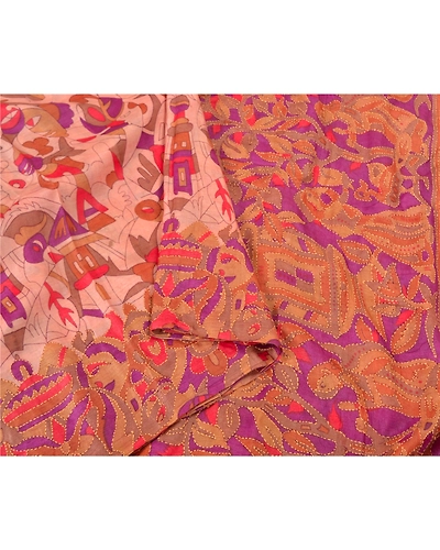 Sanskriti Vintage Pink Sarees Pure Silk Hand Embroidered Kantha Sari Fabric, PS-60277-Pink &amp; Purple-Thread Work-100% Pure Silk-10