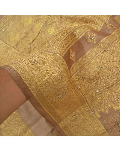 Sanskriti Vintage Brown Sarees Pure Silk Hand Beaded Woven Premium Sari Fabric, PS-60289-Brown-Woven Work-100% Pure Silk-5