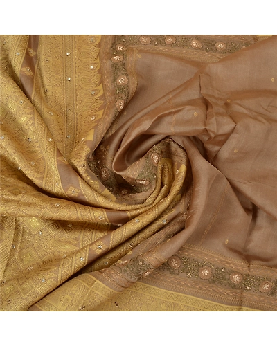 Sanskriti Vintage Brown Sarees Pure Silk Hand Beaded Woven Premium Sari Fabric, PS-60289-Brown-Woven Work-100% Pure Silk-7