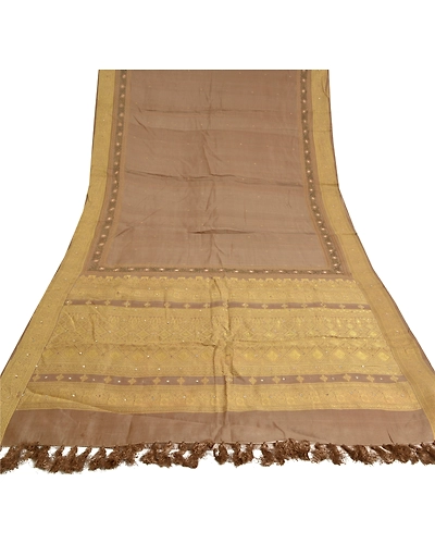 Sanskriti Vintage Brown Sarees Pure Silk Hand Beaded Woven Premium Sari Fabric, PS-60289-Brown-Woven Work-100% Pure Silk-9