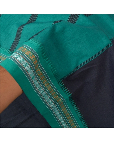 Sanskriti Vintage Black Sarees Blend Cotton Woven Ilkal Premium Sari Fabric, PS-60298-Black &amp; Green-Woven Work-Blend Cotton-5