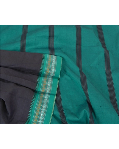 Sanskriti Vintage Black Sarees Blend Cotton Woven Ilkal Premium Sari Fabric, PS-60298-Black &amp; Green-Woven Work-Blend Cotton-8