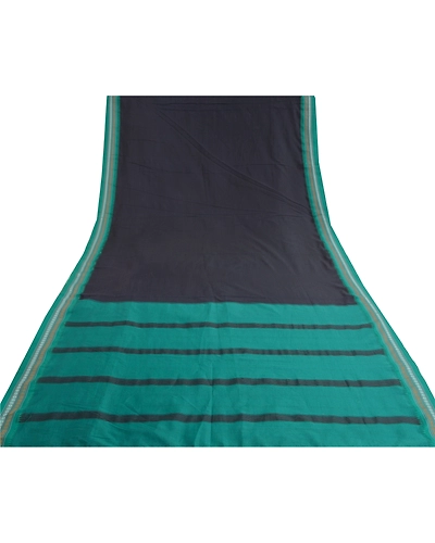 Sanskriti Vintage Black Sarees Blend Cotton Woven Ilkal Premium Sari Fabric, PS-60298-Black &amp; Green-Woven Work-Blend Cotton-9