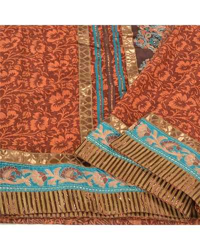 Sanskriti Vintage Brown Sarees Georgette Embroidered Premium Sari Craft Fabric, PS-60302-Shade Of Brown &amp; Orange-Patch Work-Georgette-2