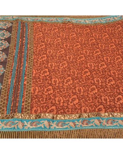 Sanskriti Vintage Brown Sarees Georgette Embroidered Premium Sari Craft Fabric, PS-60302-Shade Of Brown &amp; Orange-Patch Work-Georgette-4