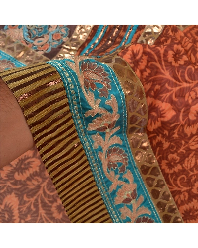 Sanskriti Vintage Brown Sarees Georgette Embroidered Premium Sari Craft Fabric, PS-60302-Shade Of Brown &amp; Orange-Patch Work-Georgette-5