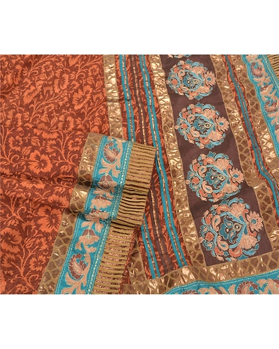Sanskriti Vintage Brown Sarees Georgette Embroidered Premium Sari Craft Fabric, PS-60302-Shade Of Brown &amp; Orange-Patch Work-Georgette-8