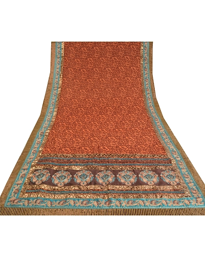 Sanskriti Vintage Brown Sarees Georgette Embroidered Premium Sari Craft Fabric, PS-60302-Shade Of Brown &amp; Orange-Patch Work-Georgette-9