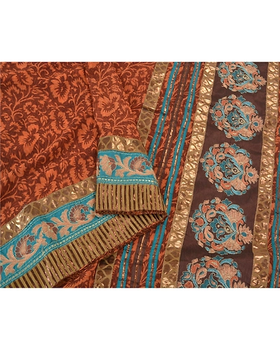 Sanskriti Vintage Brown Sarees Georgette Embroidered Premium Sari Craft Fabric, PS-60302-Shade Of Brown &amp; Orange-Patch Work-Georgette-10