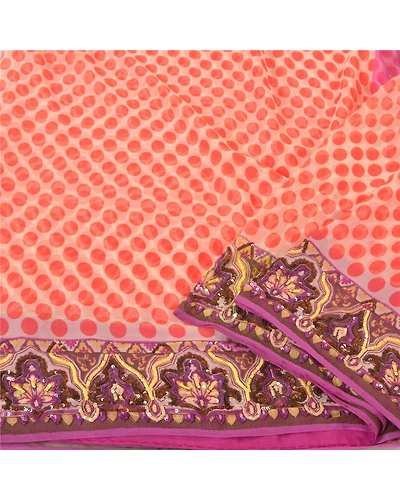 Sanskriti Vintage Orange Sarees Net Mesh Hand Beaded Premium Sari Craft Fabric, PS-60304-Orange &amp; Ivory-Sequins Work-Net Mesh-2