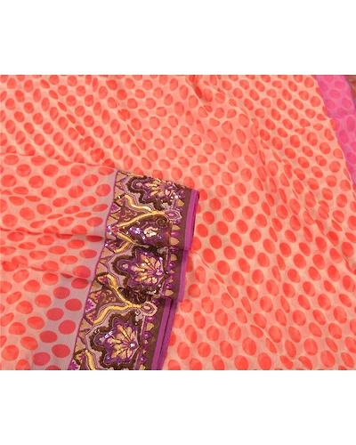 Sanskriti Vintage Orange Sarees Net Mesh Hand Beaded Premium Sari Craft Fabric, PS-60304-Orange &amp; Ivory-Sequins Work-Net Mesh-8