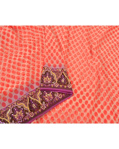 Sanskriti Vintage Orange Sarees Net Mesh Hand Beaded Premium Sari Craft Fabric, PS-60304-Orange &amp; Ivory-Sequins Work-Net Mesh-10