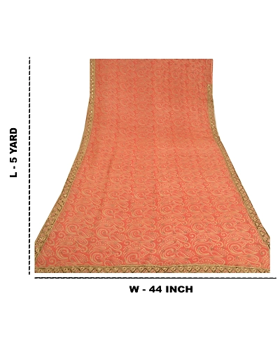 Sanskriti Vintage Peach Sarees Blend Georgette Hand Beaded Premium Sari Fabric, PS-60314-Peach-Patch Work-Blend Georgette-1