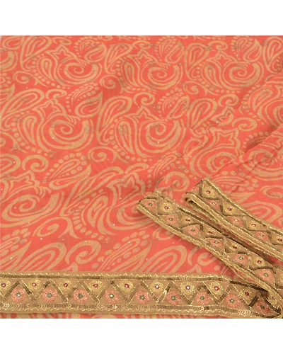 Sanskriti Vintage Peach Sarees Blend Georgette Hand Beaded Premium Sari Fabric, PS-60314-Peach-Patch Work-Blend Georgette-2