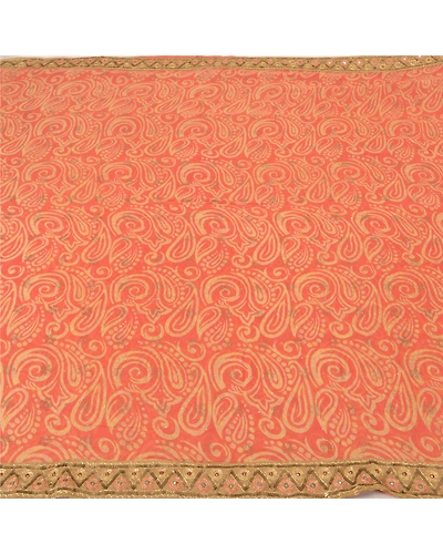 Sanskriti Vintage Peach Sarees Blend Georgette Hand Beaded Premium Sari Fabric, PS-60314-Peach-Patch Work-Blend Georgette-4