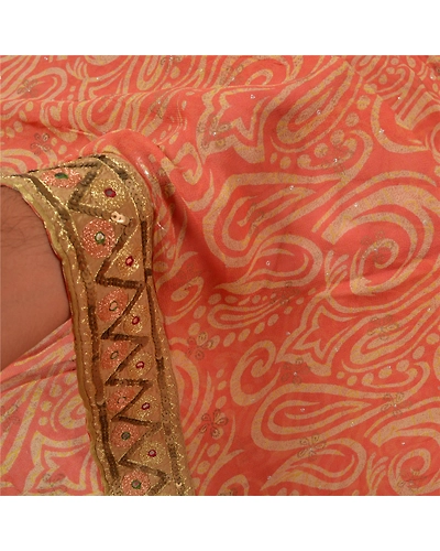 Sanskriti Vintage Peach Sarees Blend Georgette Hand Beaded Premium Sari Fabric, PS-60314-Peach-Patch Work-Blend Georgette-5