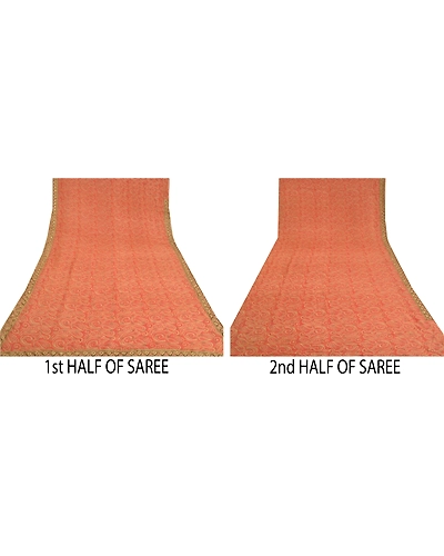 Sanskriti Vintage Peach Sarees Blend Georgette Hand Beaded Premium Sari Fabric, PS-60314-Peach-Patch Work-Blend Georgette-6
