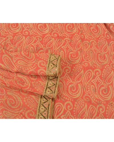 Sanskriti Vintage Peach Sarees Blend Georgette Hand Beaded Premium Sari Fabric, PS-60314-Peach-Patch Work-Blend Georgette-8