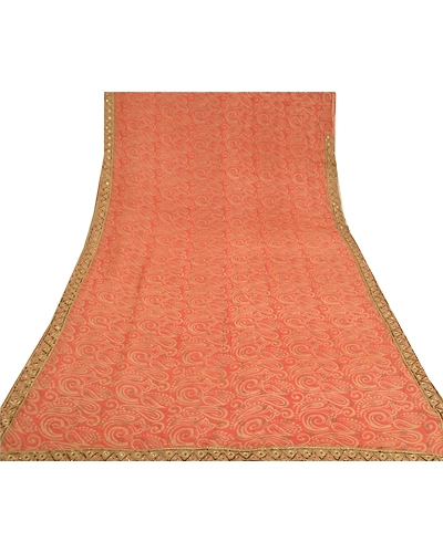Sanskriti Vintage Peach Sarees Blend Georgette Hand Beaded Premium Sari Fabric, PS-60314-Peach-Patch Work-Blend Georgette-9