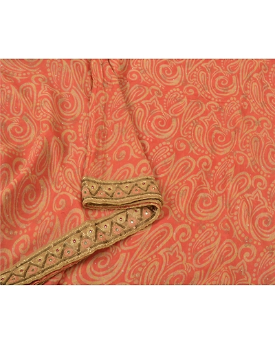 Sanskriti Vintage Peach Sarees Blend Georgette Hand Beaded Premium Sari Fabric, PS-60314-Peach-Patch Work-Blend Georgette-10