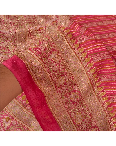 Sanskriti Vintage Pink Sarees Pure Silk Hand Embroidered Premium Sari Fabric, PS-60334-Pink-Zari Work-100% Pure Silk-5