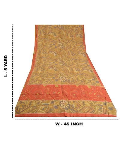 Sanskriti Vintage Cream Sarees 100% Pure Silk Hand Beaded Kantha Sari Fabric, PS-60356-Shade Of Cream &amp; Orange-Thread Work-100% Pure Silk-1