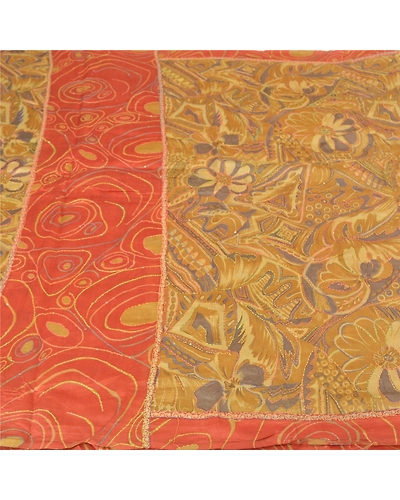 Sanskriti Vintage Cream Sarees 100% Pure Silk Hand Beaded Kantha Sari Fabric, PS-60356-Shade Of Cream &amp; Orange-Thread Work-100% Pure Silk-4