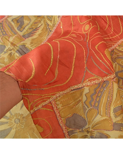 Sanskriti Vintage Cream Sarees 100% Pure Silk Hand Beaded Kantha Sari Fabric, PS-60356-Shade Of Cream &amp; Orange-Thread Work-100% Pure Silk-5