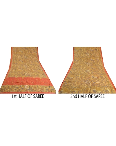 Sanskriti Vintage Cream Sarees 100% Pure Silk Hand Beaded Kantha Sari Fabric, PS-60356-Shade Of Cream &amp; Orange-Thread Work-100% Pure Silk-6