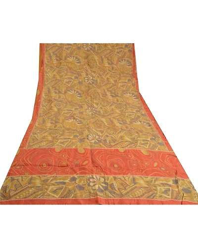 Sanskriti Vintage Cream Sarees 100% Pure Silk Hand Beaded Kantha Sari Fabric, PS-60356-Shade Of Cream &amp; Orange-Thread Work-100% Pure Silk-9