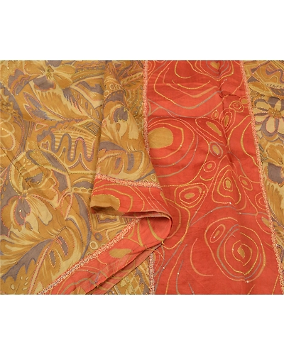Sanskriti Vintage Cream Sarees 100% Pure Silk Hand Beaded Kantha Sari Fabric, PS-60356-Shade Of Cream &amp; Orange-Thread Work-100% Pure Silk-10