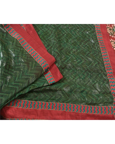Sanskriti Vintage Bollywood Sarees Pure Georgette Silk Embroidered Sari Fabric, PS-60381-Green &amp; Brown-Patch Work-100% Pure Georgette Silk-2