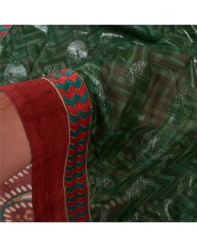 Sanskriti Vintage Bollywood Sarees Pure Georgette Silk Embroidered Sari Fabric, PS-60381-Green &amp; Brown-Patch Work-100% Pure Georgette Silk-5