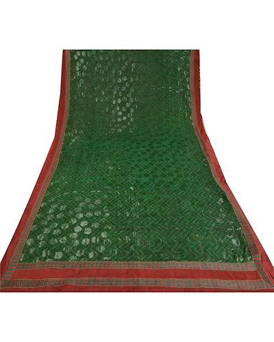 Sanskriti Vintage Bollywood Sarees Pure Georgette Silk Embroidered Sari Fabric, PS-60381-Green &amp; Brown-Patch Work-100% Pure Georgette Silk-9