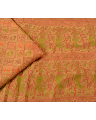 Sanskriti Vintage Beige Sarees 100% Pure Silk Woven Baluchari Human Sari Fabric, PS-60393-Beige-Woven Work-Pure Silk-2