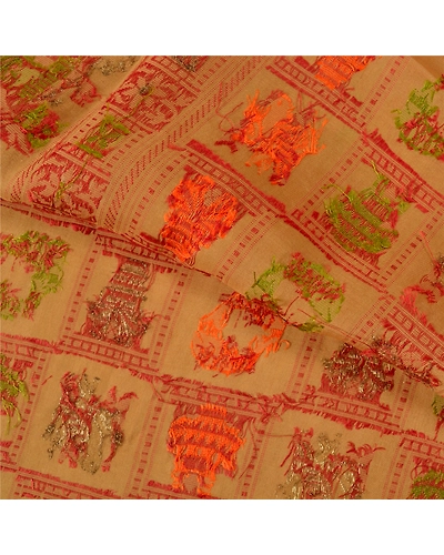 Sanskriti Vintage Beige Sarees 100% Pure Silk Woven Baluchari Human Sari Fabric, PS-60393-Beige-Woven Work-Pure Silk-3